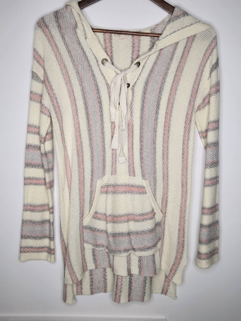 Hem & Thread Cream Striped Hooded Boho Surf Style Lace-Up Sweater Pink & Gray -S